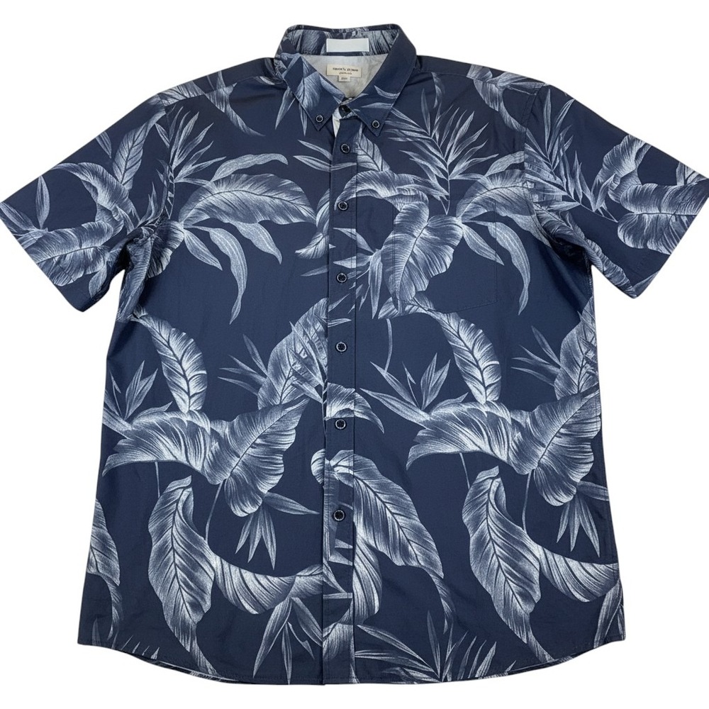 Fried‎ Denim Mens XL Slim Fit Short Sleeve Tropical Leaf Button Down Shirt Navy